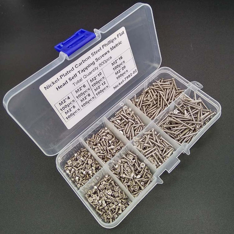800 PCS M2 Nickel-Plated Carbon steel Countersunk Head Tapping Screws Combination Set (Silver)