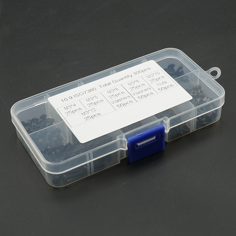 300 PCS M3 / M4 / M5 / M6 / M8 / M10 / M12 Hexagon Socket Button Head Screws Nut Flat Mat Combination Set(Black)