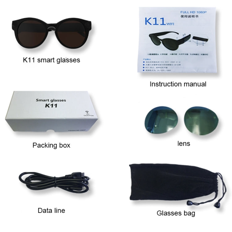K11 Smart WIFI Glasses, Support 155 degrees Wide-angle & TF Card & USB & Indicator Light