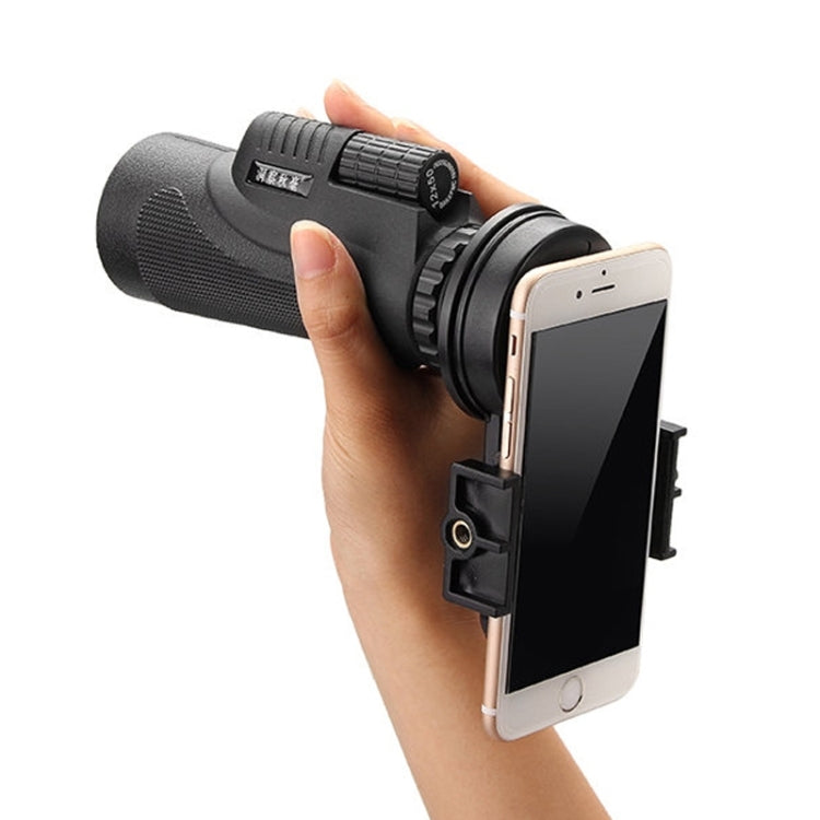 12x50mm Life Waterproof Optical Monocular Telescope with Universal Holder Clip, Clip Suitable for Width 5.8cm-9.2cm Mobile Phones(Black)