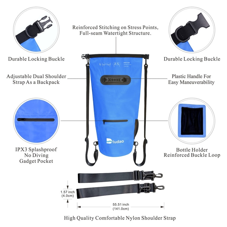 Dtudao Outdoor Waterproof Dry Bag Dry Sack with Dual Shoulder Strap & Bottle Holder, Capacity: 20L