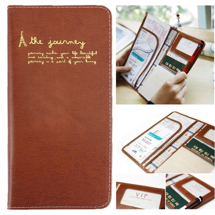 Multi-function Long Style Two-folding Leather Passport Travel Wallet Certificates Ticket Case with Card Slots &Wallet & Pen Strap(Brown)
