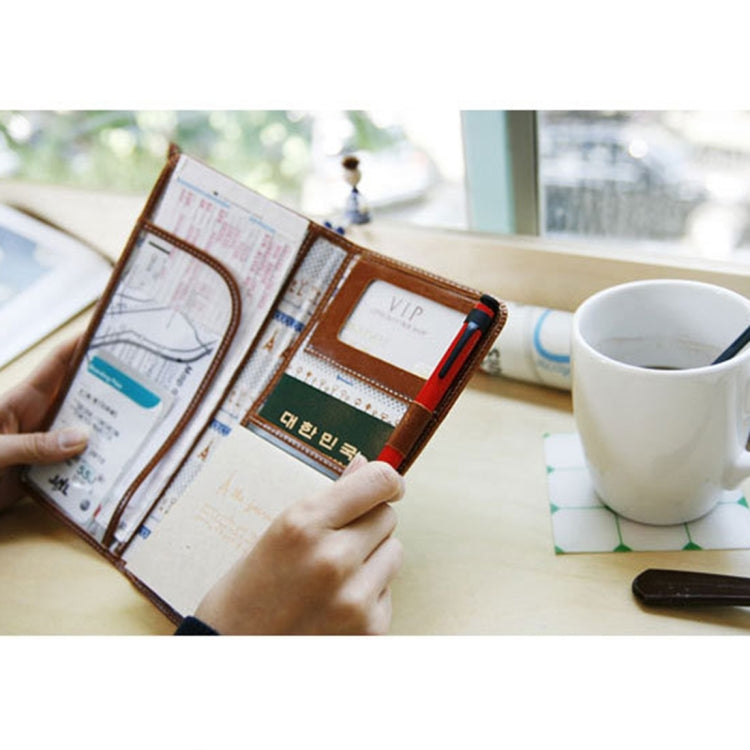Multi-function Long Style Two-folding Leather Passport Travel Wallet Certificates Ticket Case with Card Slots &Wallet & Pen Strap(Brown)