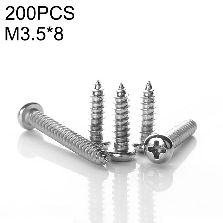 200 PCS 201 Stainless Steel Cross Round-headed Tapping Thread Screw, M3.5x8
