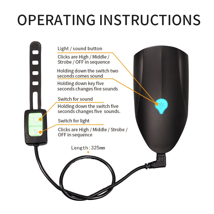 USB Charging Bike LED Riding Light, Charging 3 Hours with Horn & Line Control