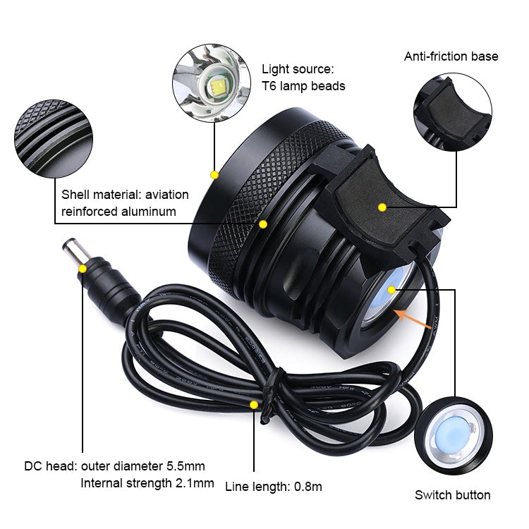 Mountain Bike Light Headlights T6 Glaring Flashlight Waterproof Shockproof Night Riding Equipment (Black)