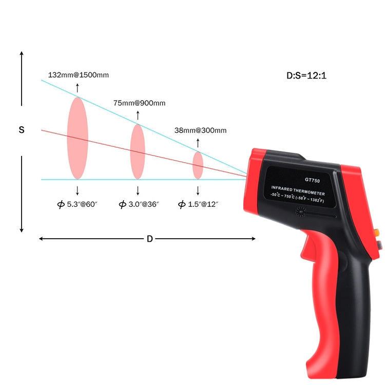 GT750 Portable Digital Laser Point Infrared Thermometer, Temperature Range: -50-750 Celsius Degree without Battery(Red)