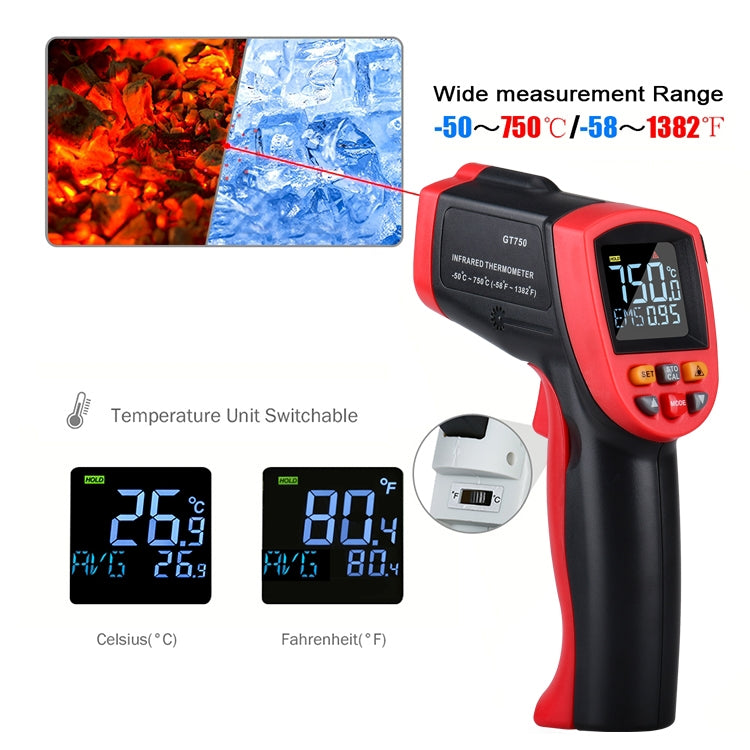 GT750 Portable Digital Laser Point Infrared Thermometer, Temperature Range: -50-750 Celsius Degree without Battery(Red)