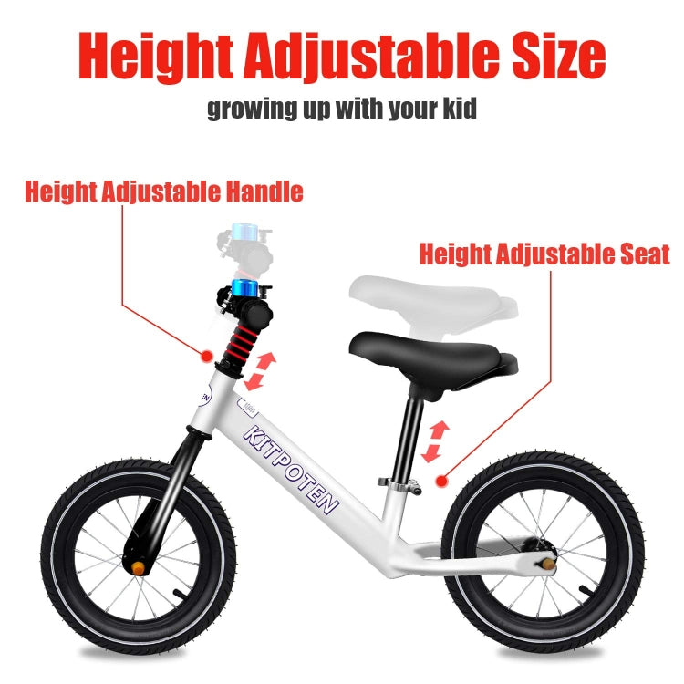 [US Warehouse] KITPOTEN 12 inch High Carbon Galvanized Balance Bike No Pedal Bike for Boys and Girls Aged 4-9(White)