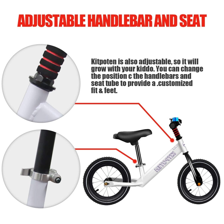 [US Warehouse] KITPOTEN 12 inch High Carbon Galvanized Balance Bike No Pedal Bike for Boys and Girls Aged 4-9(White)