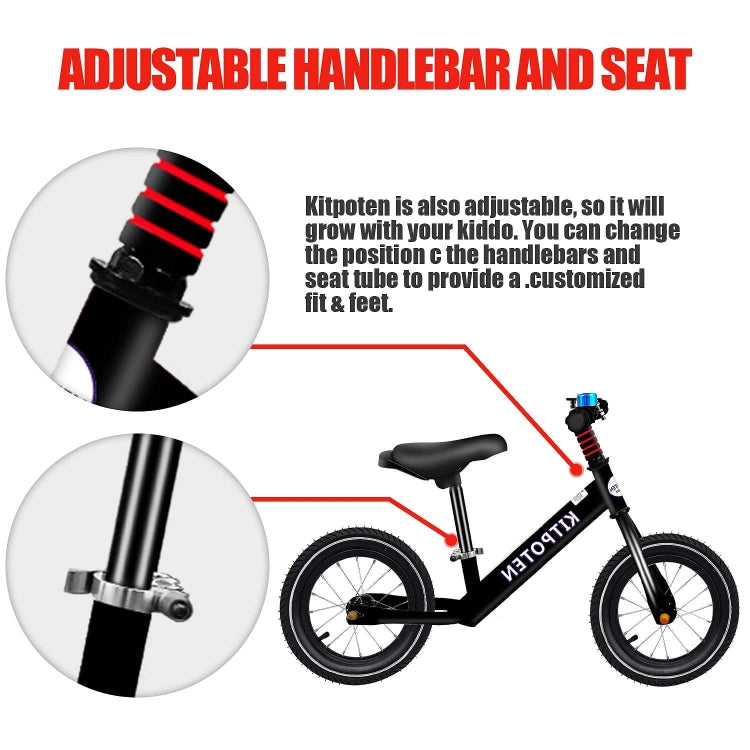 [US Warehouse] KITPOTEN 12 inch High Carbon Galvanized Balance Bike No Pedal Bike for Boys and Girls Aged 4-9(Black)