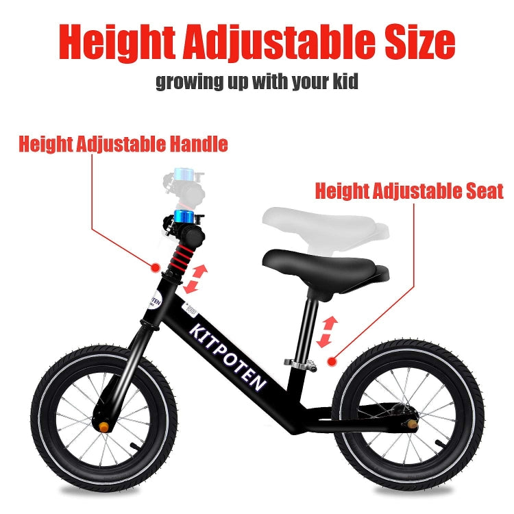 [US Warehouse] KITPOTEN 12 inch High Carbon Galvanized Balance Bike No Pedal Bike for Boys and Girls Aged 4-9(Black)