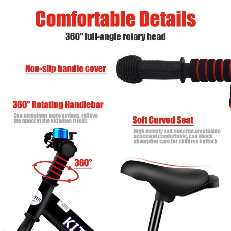 [US Warehouse] KITPOTEN 12 inch High Carbon Galvanized Balance Bike No Pedal Bike for Boys and Girls Aged 4-9(Black)