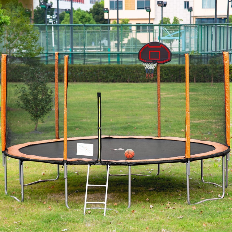 [US Warehouse] 14FT Outdoor Entertainment Trampoline with Safety Net & Basketball Hoop & Mini Basketball & Ladder & Pump