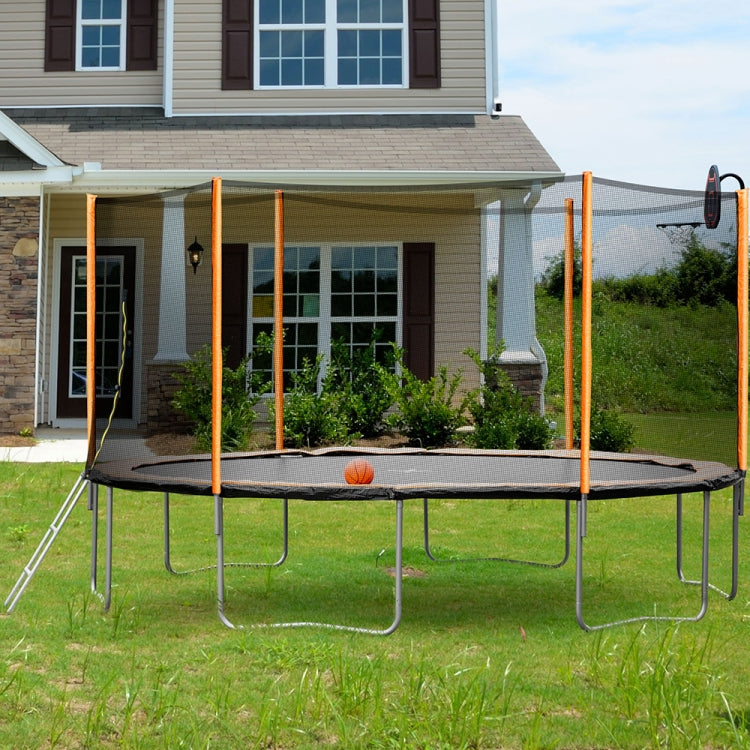 [US Warehouse] 14FT Outdoor Entertainment Trampoline with Safety Net & Basketball Hoop & Mini Basketball & Ladder & Pump