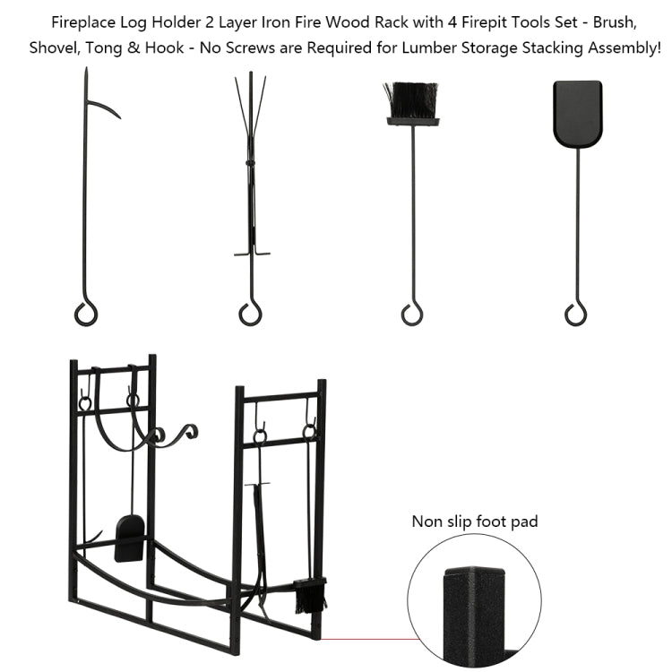 [US Warehouse] U-shaped Iron Firewood Holder with 4 Tools & Two Big Hooks, Size: 33.5 x 30.2 x 13 inch