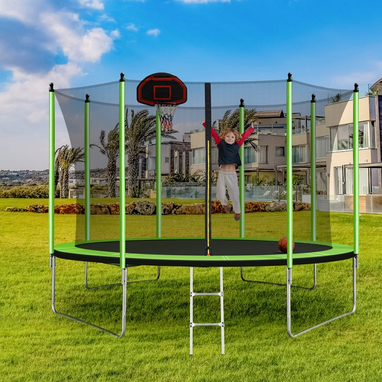 [US Warehouse] 10FT Outdoor Recreational Trampoline with Basketball Hoop & Rubber Ball & Inflator & Ladder & Safety Net