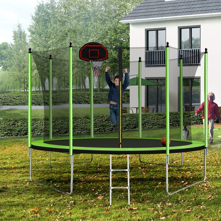 [US Warehouse] 10FT Outdoor Recreational Trampoline with Basketball Hoop & Rubber Ball & Inflator & Ladder & Safety Net