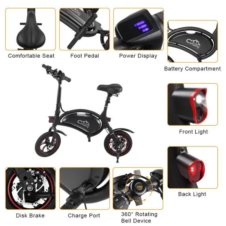 [US Warehouse] Campingsurvivals 250W 20KM / H Foldable Electric Bicycle with 12 inch Tires & LED Lights
