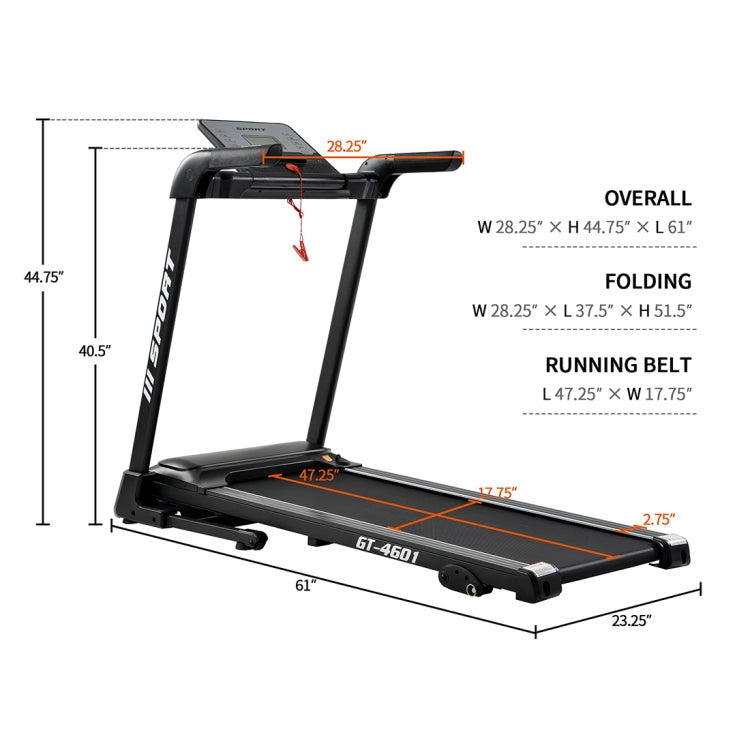 [US Warehouse] GT-4601 2.25hp Diamond Silent Belt Treadmill Foldable Jogging Fitness Machine with 12 Preset Programs & LCD Display & Speaker