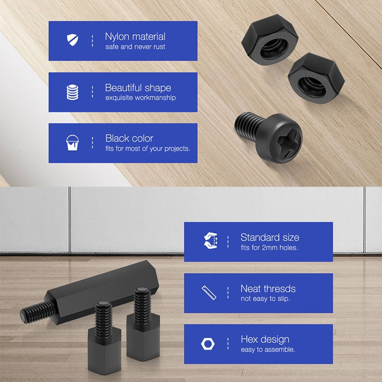 180 PCS  M3 Nylon Screw Black Hex Screw Nut Standoff Spacer Column Assortment Kit (Black)