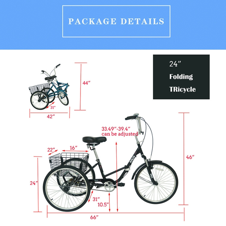 [US Warehouse] ZUKKA 24 inch Foldable Tricycle with Big Basket for Adults