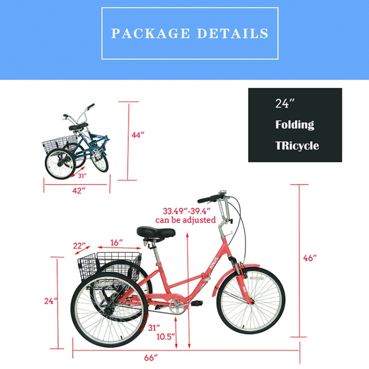 [US Warehouse] ZUKKA 24 inch Foldable Tricycle with Big Basket for Adults