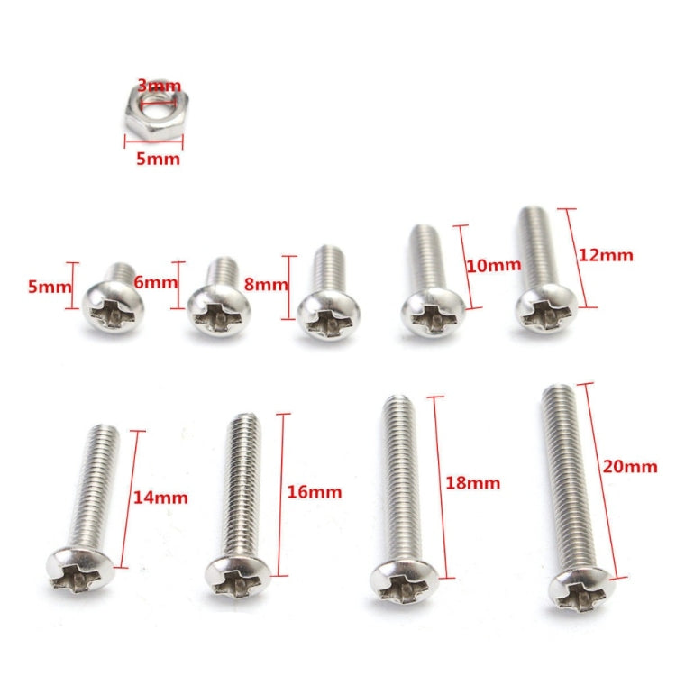 340 PCS DIN7985 Cross Screws Bolts Nut M3 Stainless Steel Pan Head Screw Set