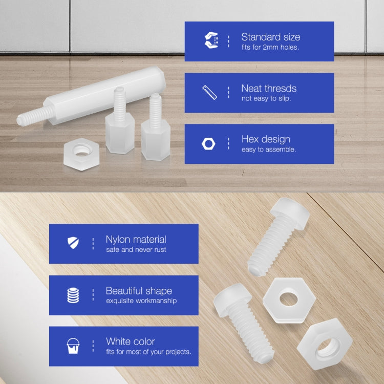 140 PCS Nylon M2 White Hex Socket Stud Nut Screws PCB Standoff Assortment Kit(White)