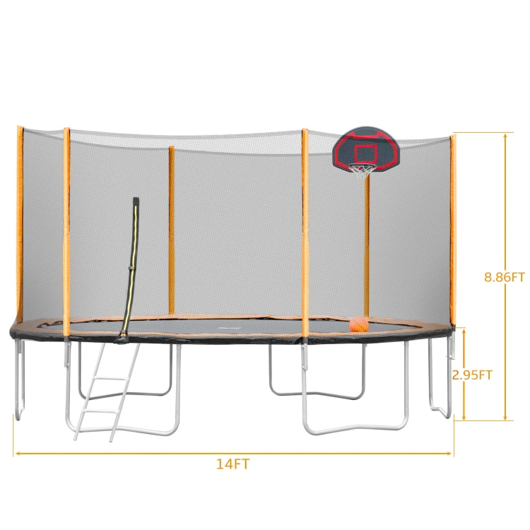 [US Warehouse] 14FT Outdoor Garden Trampoline with Basketball Hoop & Ladder & enclosure(Orange)