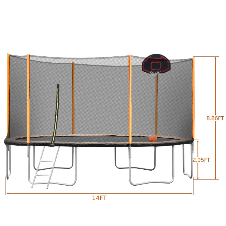 [US Warehouse] 14FT Outdoor Garden Trampoline with Basketball Hoop & Ladder & enclosure(Orange)