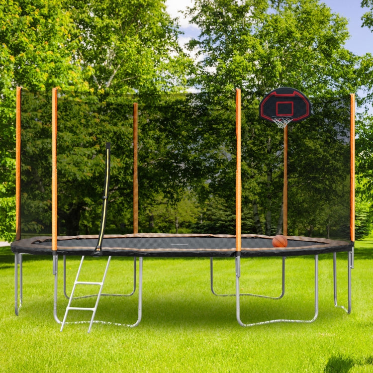 [US Warehouse] 14FT Outdoor Garden Trampoline with Basketball Hoop & Ladder & enclosure(Orange)