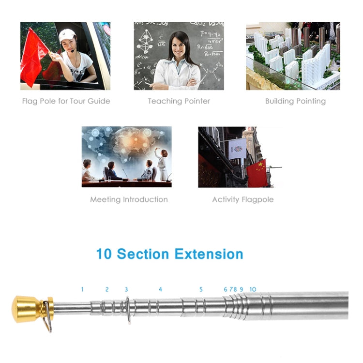 10 PCS 2M 11 Knots Multi-function Telescopic Stainless Steel Sponge Golden Head Teaching Stick Guide Flagpole Signal Flag