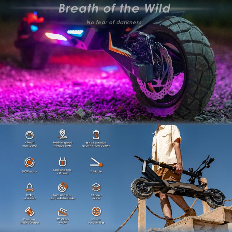 [EU Warehouse] Kukirin T3 800W 45km/h Max Speed Folding Electric Scooter with 10 inch Vacuum Tires & 14-Light System, EU Plug - Black