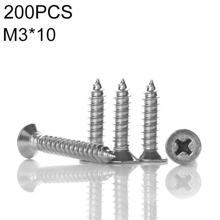 200 PCS 201 Stainless Steel Cross Countersunk Tapping Thread Screw, M3x10