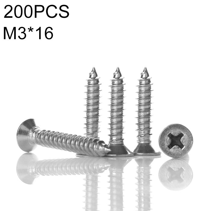 200 PCS 201 Stainless Steel Cross Countersunk Tapping Thread Screw, M3x30