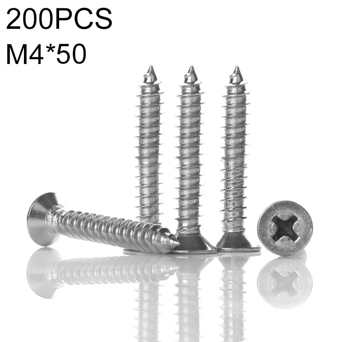 200 PCS 201 Stainless Steel Cross Countersunk Tapping Thread Screw, M4x50