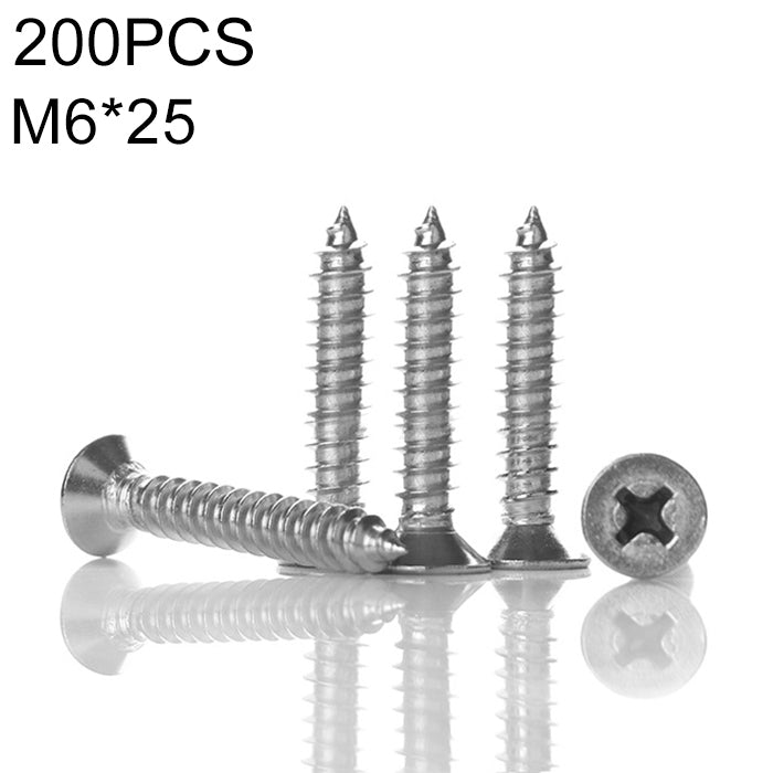 200 PCS 201 Stainless Steel Cross Countersunk Tapping Thread Screw, M6x25