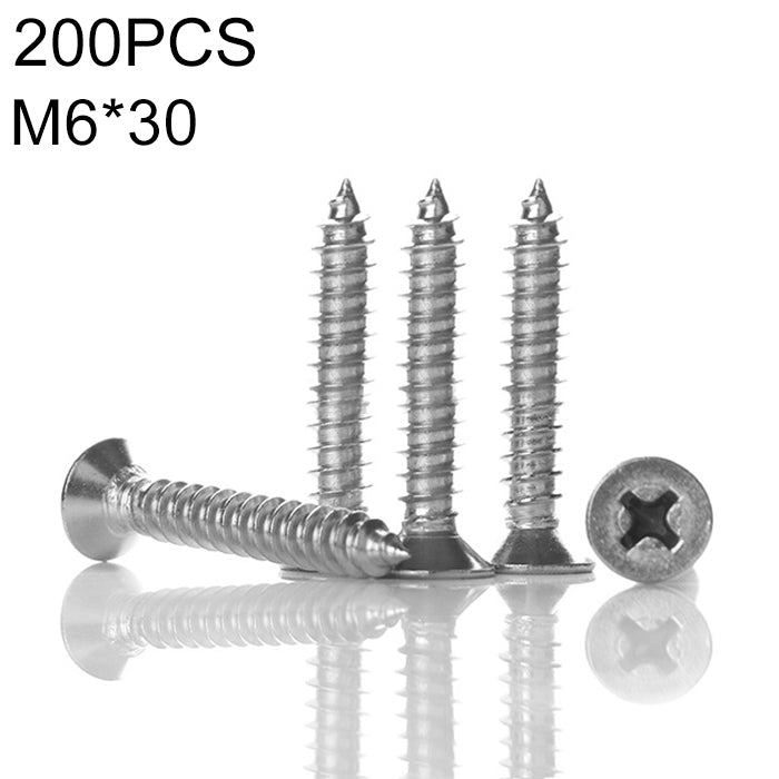 200 PCS 201 Stainless Steel Cross Countersunk Tapping Thread Screw, M6x30