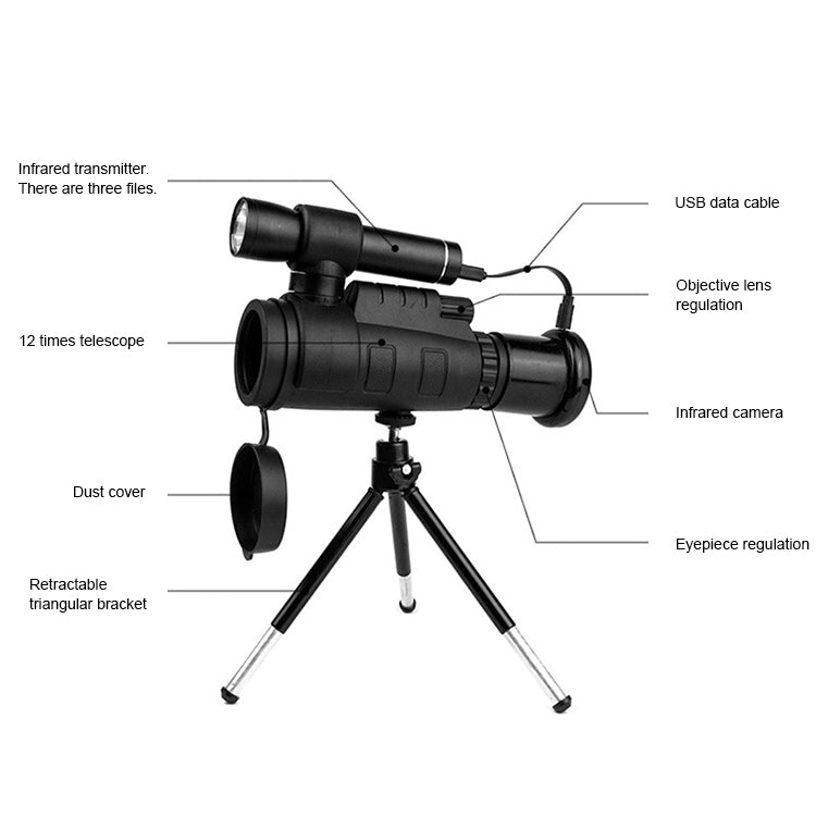12X Portable High Definition Infrared Night Vision Monocular Telescope, Support Phone Photography / Video
