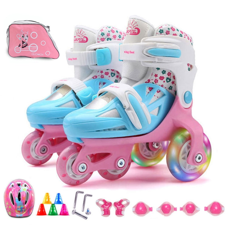 Adjustable Children Flash Four-wheel Roller Skates Skating Shoes with Protective Clothing + Bag, Size : XS