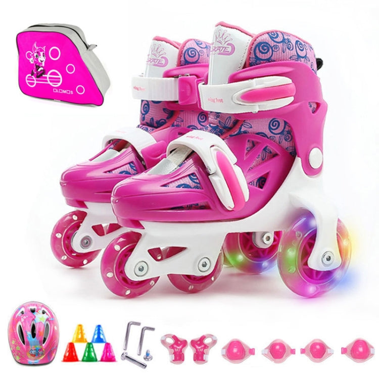 Adjustable Children Flash Four-wheel Roller Skates Skating Shoes with Protective Clothing + Bag, Size : XS