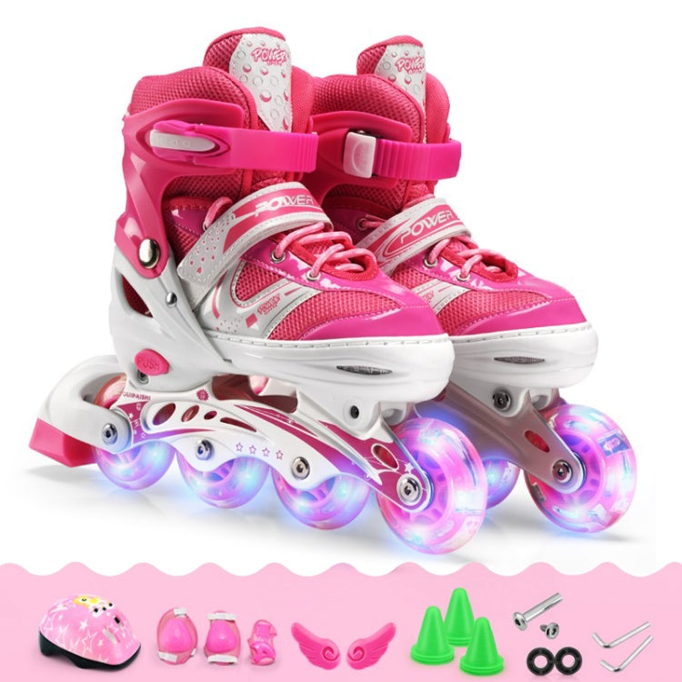 Adjustable Children Full Flash Single Four-wheel Roller Skates Skating Shoes Set, Size : S (Pink)