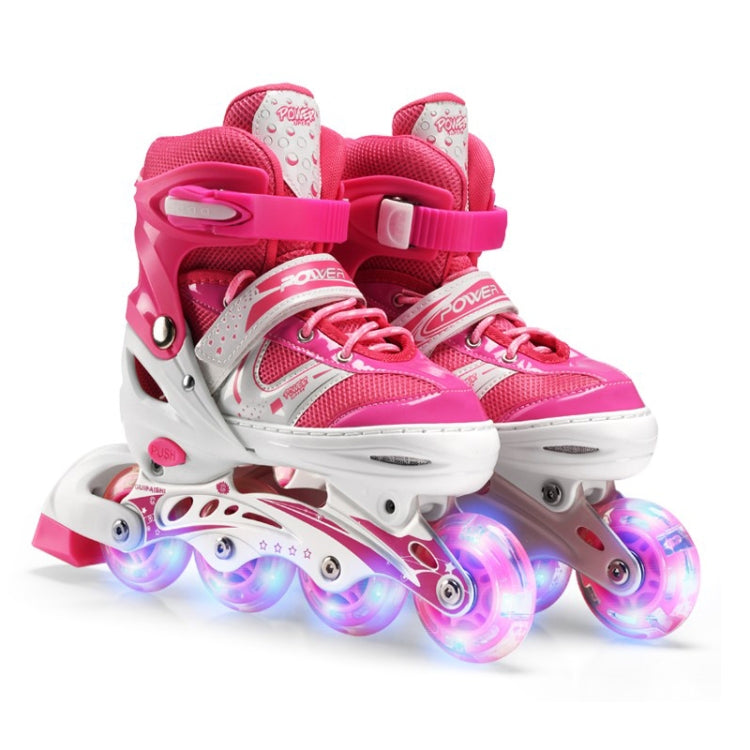 Adjustable Children Full Flash Single Four-wheel Roller Skates Skating Shoes, Size : M (Pink)