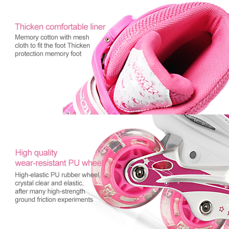 Adjustable Children Full Flash Single Four-wheel Roller Skates Skating Shoes, Size : M (Pink)