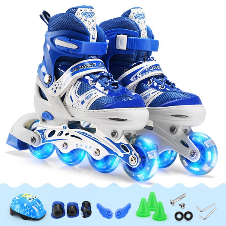 Adjustable Children Full Flash Single Four-wheel Roller Skates Skating Shoes Set, Size : M (Blue)