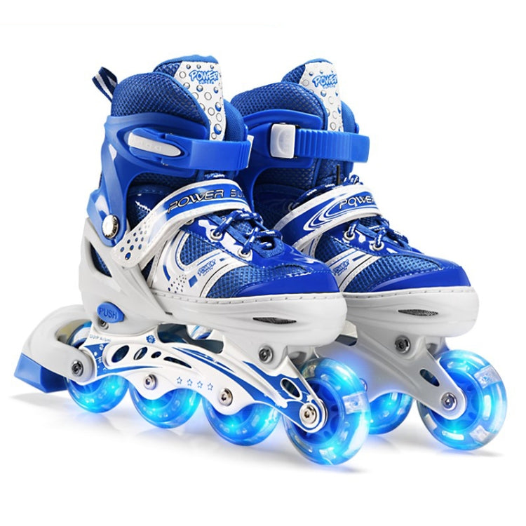 Adjustable Children Full Flash Single Four-wheel Roller Skates Skating Shoes Set, Size : M (Blue)