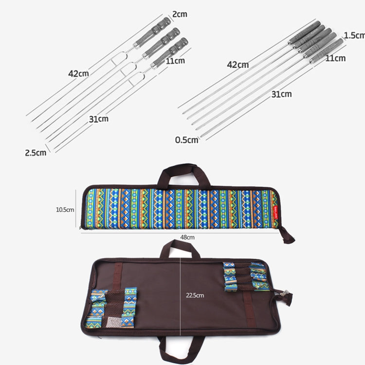 Outdoor Picnic Stainless Steel BBQ Bake Needle Barbecue Fork U-shaped Environmental Wooden Handle 7 Piece Set