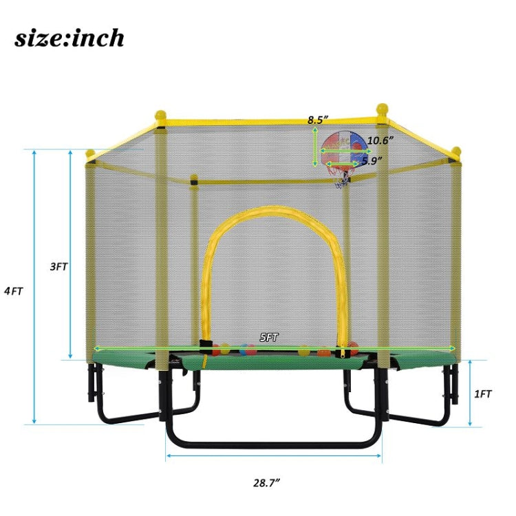 [US Warehouse] Mini Toddler Trampolines with Safety Enclosure Net & Basketball Hoop, Size: 5FT
