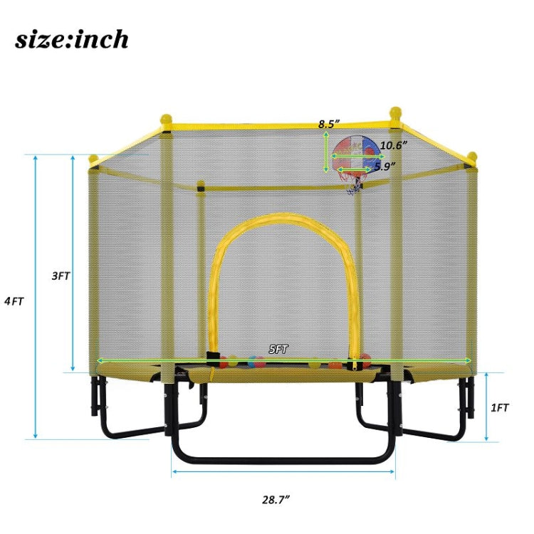 [US Warehouse] Mini Toddler Trampolines with Safety Enclosure Net & Basketball Hoop, Size: 5FT